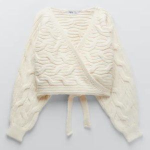 NWT Zara Ecru Cable Knit Wrap Cardigan w/ Hem Tie